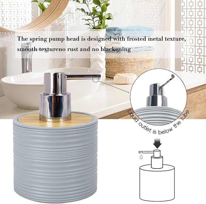 CERBIOR Bathroom Accessories Set 6 Piece Bamboo Bath Ensemble Includes Soap Dispenser, Toothbrush Holder, Toothbrush Cup, Soap Dish for Decorative Countertop and Housewarming Gift, Sriral Grey