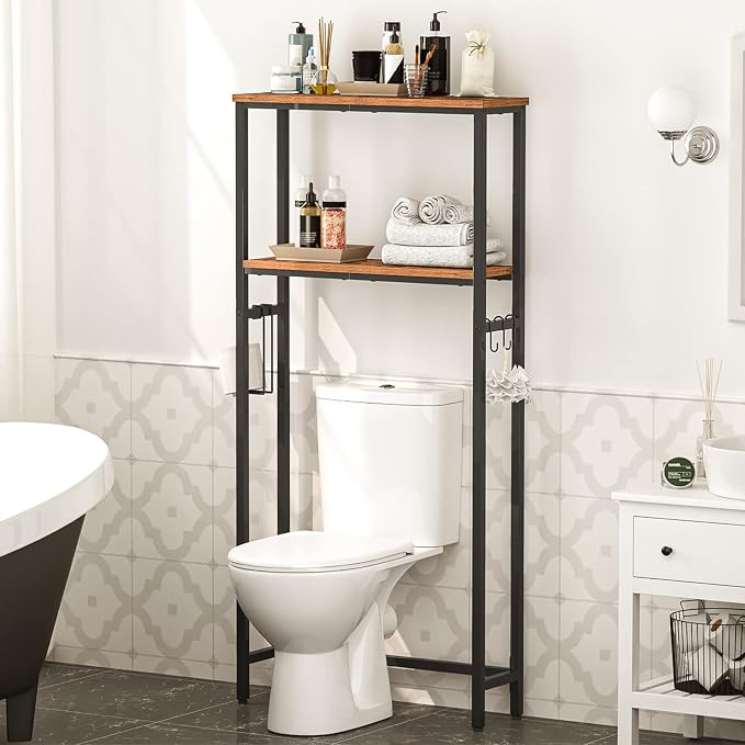 HOOBRO Over The Toilet Storage, 2-Tier Bathroom Organizer Over Toilet, Freestanding Bathroom Storage Shelves with Toilet Paper Holder and Hooks, Space Saver for Room, Rustic Brown and Black BF49TS01