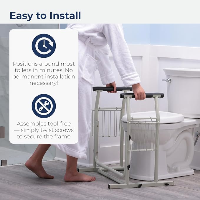 Drive Medical RTL12079 Toilet Safety Frame, Bathroom Grab Bar for Toilets, Freestanding Toilet Rail for Stability, For Users Up to 300 Pounds, White