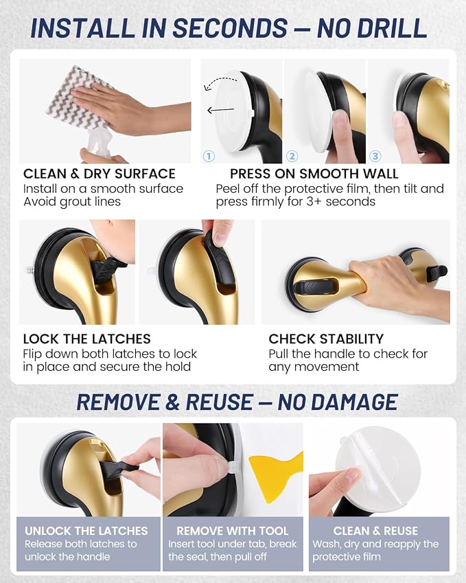 2 Pack Gel-Enhanced Suction Grab Bars for Seniors and Elderly, Heavy Duty Stable Grip Safety Bars for Bathtubs and Showers, No Drill Removable Bathroom Handles for Tub and Shower Support