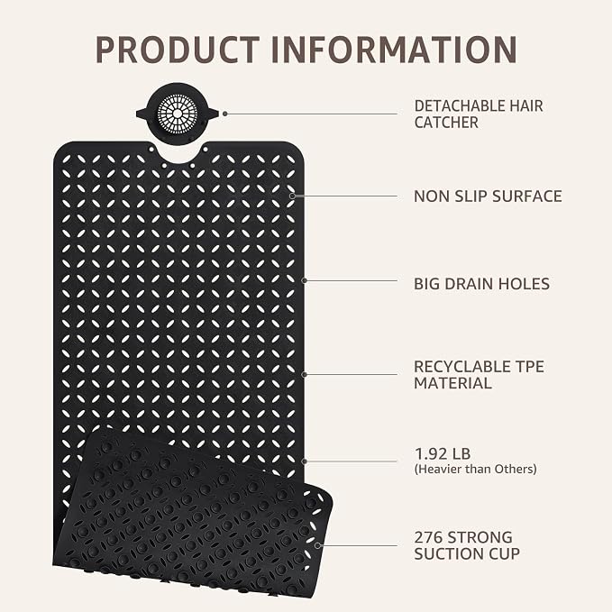 OTHWAY Bath Mat for Tub Non Slip: 39" X 17" Long Bathtub Mat with Hair Catcher│Big Drain Holes Shower Mats for Inside Shower│Machine Washable (Black)