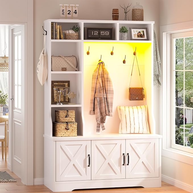 CSZZD White Hall Tree with Bench and Shoe Storage, Entryway Bench with Coat Racks and Led Lights, Farmhouse Tall Hall Tree with 7 Coat Hooks, 6 Storage Cubbies, Adjustable Shelf