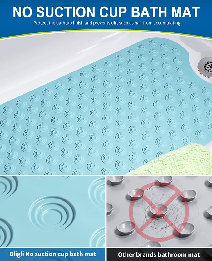 Bligli Bathtub Mat Non-Slip Without Suction Cups, 39x16inch Extra Long Bath Mats for Shower Bathroom, Machine Washable Natural Rubber Shower Tub Mat (39x16inch, Sky Blue)