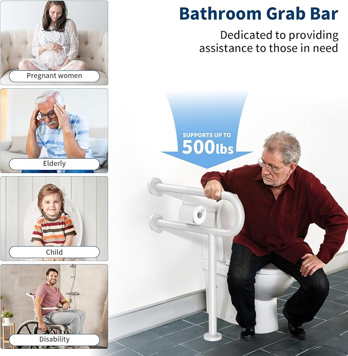 Toilet Grab Bar with Leg 24x28 Inch, ZUEXT White Knurled Toilet Support Bar with Toilet Paper Holder, Stainless Steel Wall & Floor Mounted Bathroom Support Rail for Seniors Elderly Disabled Pregnant
