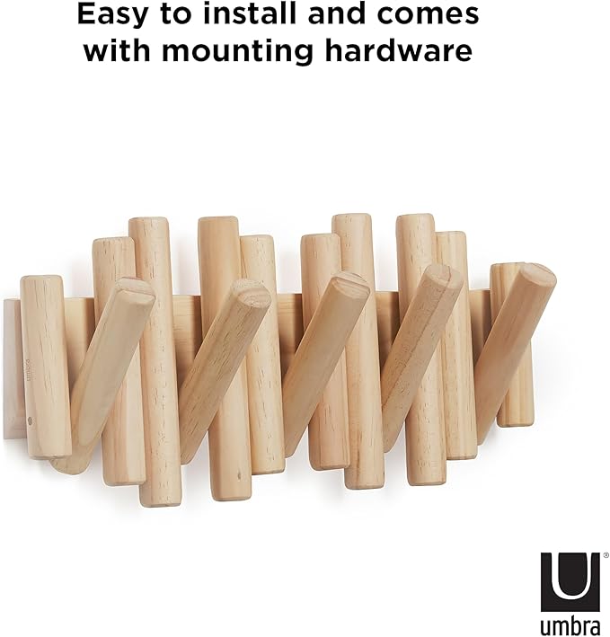 Umbra Picket Wall-Mounted Coat Rack Rail Hook with 5 Retractable Wood Pegs – Modern, Space-Saving Storage Organizer, Natural (Pack of 3)