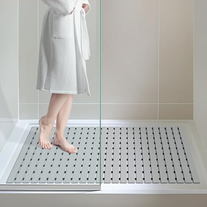 OTHWAY Large Shower Mat, 35.4 x 24 Inch No Suction Cup Shower Mat Non Slip, Quick Drain Shower Mats for Inside Shower, Heavy Duty PVC Shower Floor Mat, Curlable Shower Stall Mat (Light Grey)