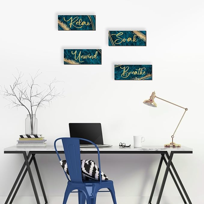 ONIZHITY 4 Pcs Teal and Gold Wall Decor - Rustic Marble Style Bathroom Accessories for Bedroom and Living Room (Teal Gold 10X4)