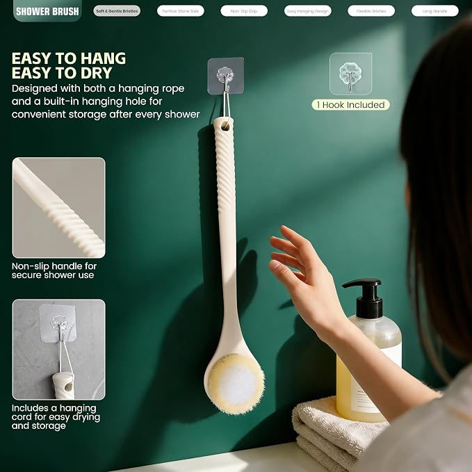 Back Scrubber for Shower, Long Handle Exfoliating Brush, Dual-Sided Bath Brush with Soft Bristles & Volcanic Pumice Stone, Anti-Slip Grip for Men & Women (Light Yellow)