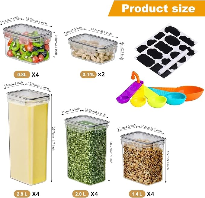 18 Pack Airtight Food Storage Containers with Lids, BPA Free Clear Pantry Storage Container for Kitchen Food Pantry Organizers and Storage, Plastic Pantry Organiser for Cereal,Flour and Sugar
