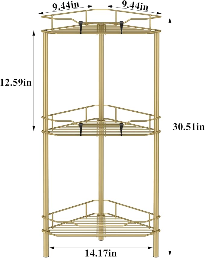 HuggieGems 3 Tier Floor Standing Corner Shower Caddy Organizer Shelf with Hooks, Bathroom Shelves Stand Rack, Gold