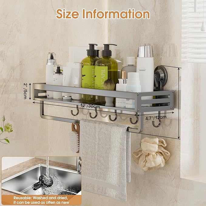 Suction Cup Shower Caddy, 11.8 inch Extended Version, with 5 Hooks & Towel Rrack, No Drilling Required, Rust-Resistant Bathroom Shower Organizer,Dark Grey