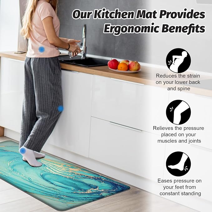 MAYHMYO Kitchen Rugs and Mats Set of 2 Teal Marble Gold Anti Fatigue Mat PVC Non Slip Turquoise Foam Cushioned Kitchen Mats for Floor,17.3 x 29 x 0.4 inch + 17.3 x 59 x 0.4 inch