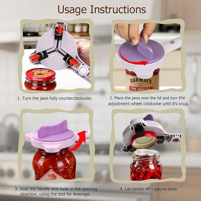 4-in-1 Jar Opener, Adjustable Jar Opener for Seniors, Kitchen Tool Designed Specifically for Seniors and Those with Limited Physical Strength, Suitable For Beer, Salad Dressing, Jar (Purple)