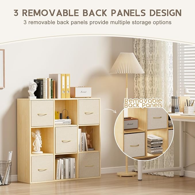 EXPERLAM 9 Cube Storage Organizer - Solid Wood Bookshelf with 5 Storage Bins, Cube Shelf with 3 Removable Back Panels, Vertical or Horizontal Bookcase, Open Book Shelf for Bedroom, Living Room, Office