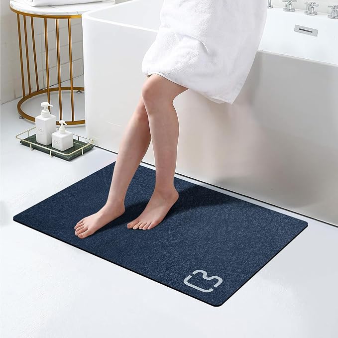 RUERYA Bath Mat Rugs Quick Dry Super Absorbent Diatomaceous Earth Bath Mat Non Slip Rubber Bottom Thin Bathroom Mat Fit Under Door, Floor Rugs in Front of Bathtub,Shower Room,Sink, 17 x 32, Navy