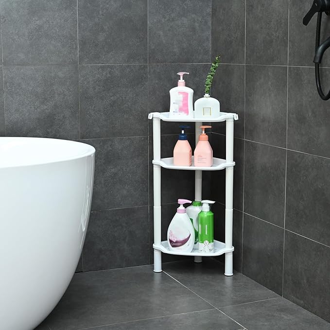 3 Tier Shower Caddy Organizer Shelf Corner, 13.5 x 10 x 26 Inches, Rustproof, Plastic Shower Rack Stands for Inside Bathroom, Bathtub, Shower pan, White(Round Slot White 3 Tier)
