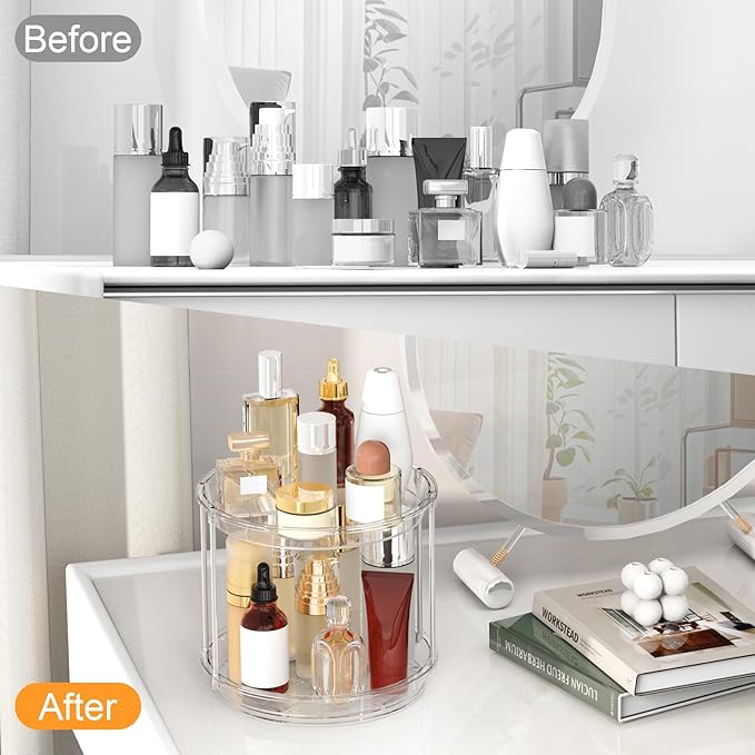 360 Rotating Makeup Organizer – 2 Tier Lazy Susan Turntable Organizer, Clear Bathroom Counter Organizer for Vanity, Spinning Skincare Perfume Tray for Bathroom, Dresser, Kitchen Cabinet