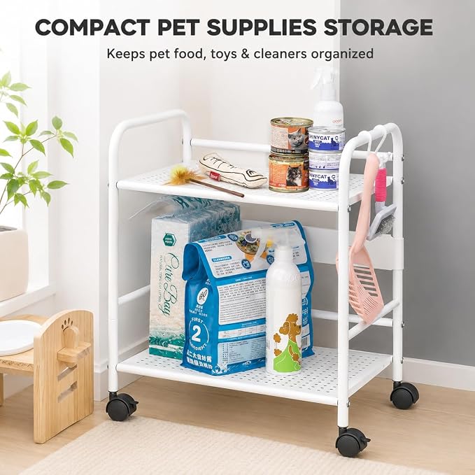 2-Tier Metal Rolling Cart, Under Desk Storage with 12.2" Shelf Clearance, Anti-Drop Guard & Hooks, Compact Utility Cart for Kitchen, Office, Laundry, Bathroom, Pantry, Living Room - White