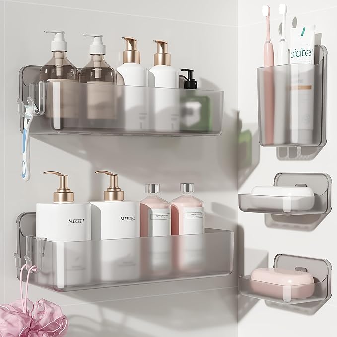 Nieifi Adhesive Wall Shelf, Shower Shelves, Shower Organizer for Bathroom Organization (Gray-Clear, 5 pieces)