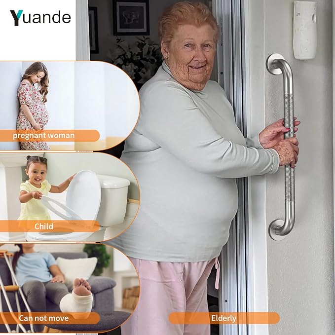 24 Inch Anti Slip Shower Grab Bar, YuanDe Brushed Nickel Stainless Steel Bath Grab Bar, Knurled Bathroom Safety Rail, Shower Handrail Support, Handicap Elderly Balance Assist Handles-1.25" Diameter
