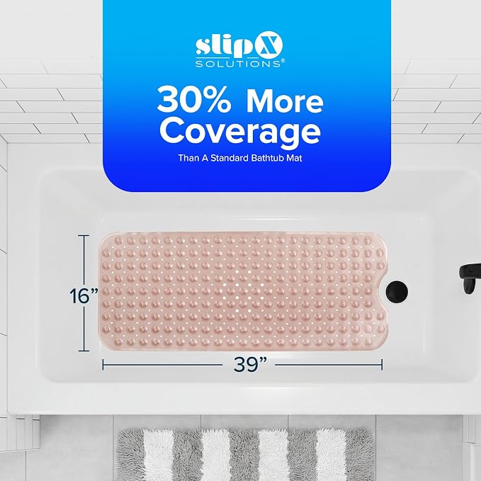 SlipX Solutions Power Grip Extra Long Bath Tub & Shower Mat 39x16, Wet Floor Non-Slip for Elderly & Kids Bathroom, 30% Longer Bathtub Mats, 200 Suction Cups, Drain Holes (1, Translucent Coral)