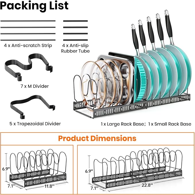 MUDEELA Pot and Pan Organizer Rack for under Cabinet, Expandable 11.81''-22.85'' Pot Lid Kitchen Cabinet Organizer Holder with 12 Adjustable Compartment Cutting Board Organizer for Pan Lid, Bakeware
