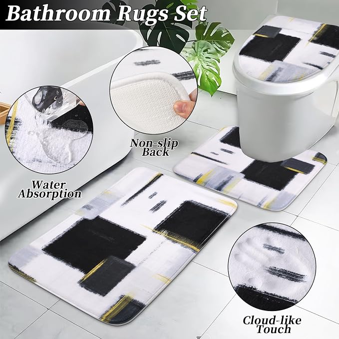 XLHOMO Bathroom Set - Black Bathroom Accessories Set, Bathroom Sets with Shower Curtain and Rugs, Black Shower Curtain Set with Bathroom Trash Can, Soap Dispenser, Soap Dish for Home Decor