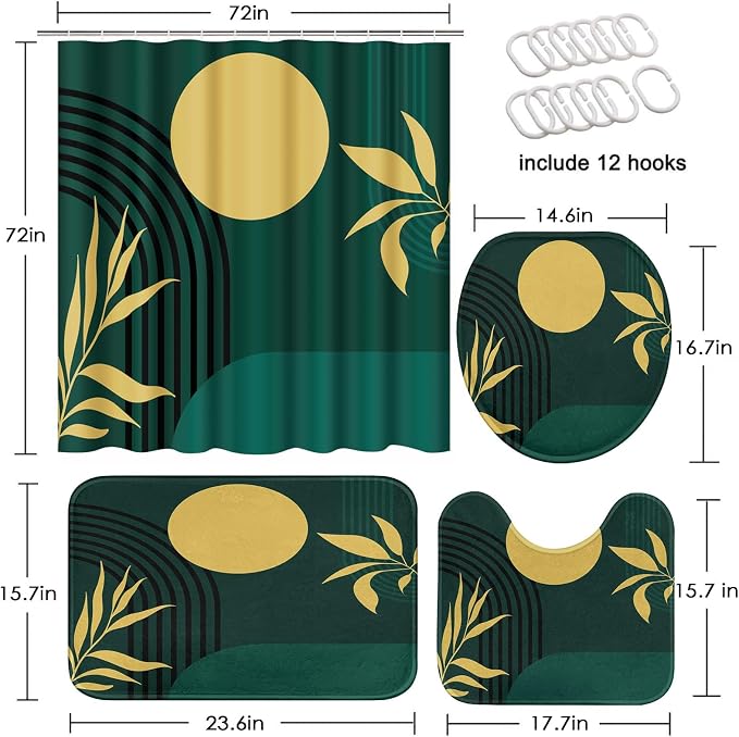 Boho Mid Century Shower Curtain Set with Toilet Lid Cover and Non-Slip Rugs, Abstract Geometric Dark Green 4 Pcs Modern Minimalist Shower Curtain for Bathroom Set with 12 Hooks