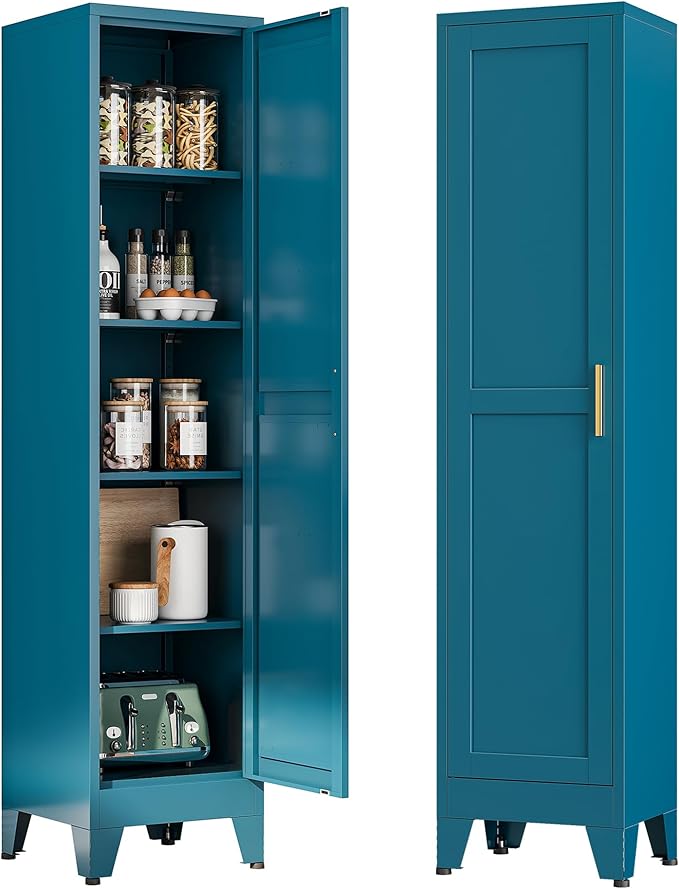 Tall Narrow Kitchen Pantry Cabinet for Small Space, 67" Metal Slim Pantry with Single Door and 4 Adjustable Shelves, Freestanding Skinny Storage Metal Broom Closet for Bathroom, Living Room, Laundry