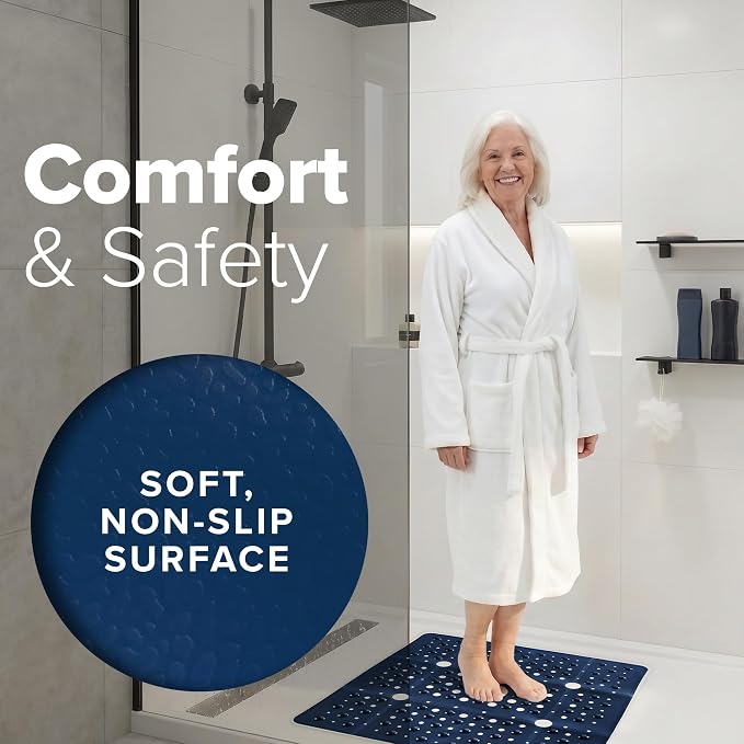 SlipX Solutions 27" Oversize Square Shower Mat, Non-Slip Mat for Elderly & Kids, 100+ Power Grip Suction Cups for Smooth Surfaces, Machine Washable, Solid Navy Blue