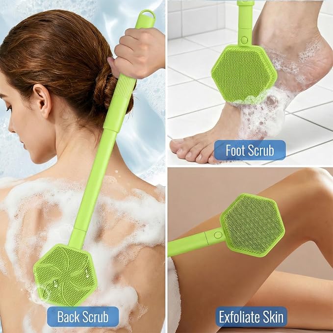 AIMAIAIMAI Silicone Back Scrubber for Shower – 21in Extendable Shower Brush with Long Handle – Dual-Sided Back Brush with Non-Slip Grip, Gentle Cleansing & Exfoliation for Men, Women, Elderly (Green)