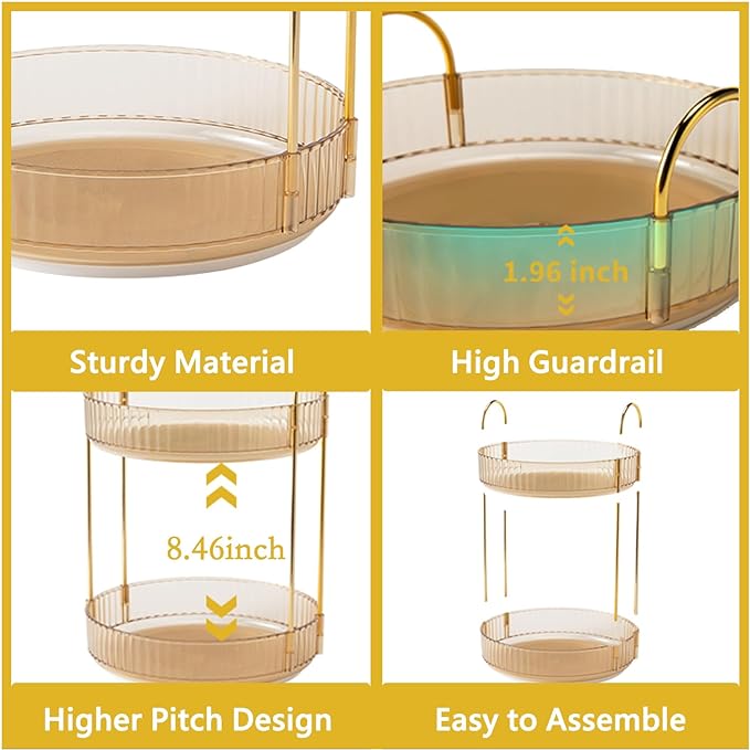 Asayuee 360 Rotating Gold Makeup Organizer,2 Tier Large Capacity Rotating Makeup Organizer,SkincarePerfume Organizer,Bathroom Cosmetics Storage Organizer Countertop (Gold-2 Tier)