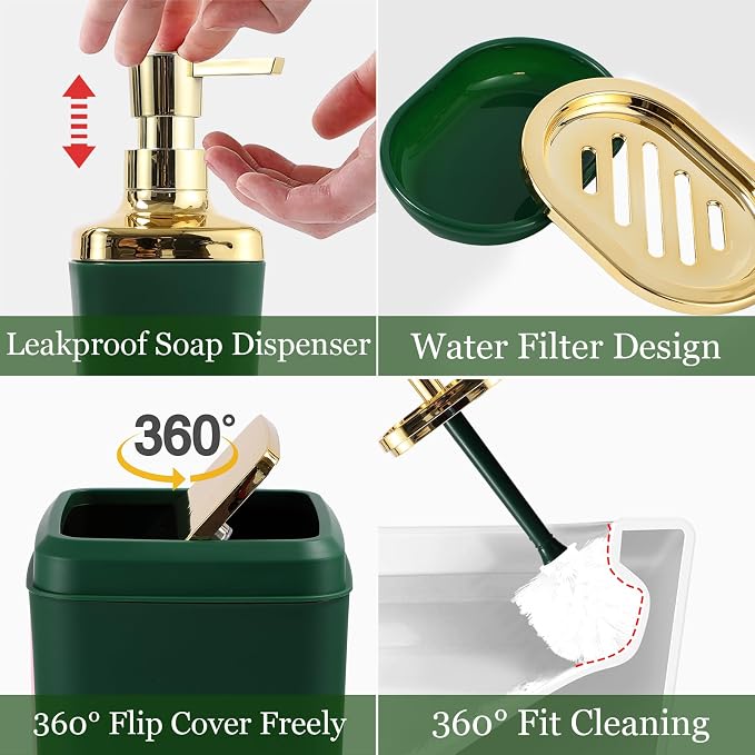 XLHOMO Bathroom Set - Dark Green and Gold Bathroom Accessories Set, Bathroom Sets with Shower Curtain and Rugs, Green Shower Curtain Set with Bathroom Trash Can, Soap Dispenser, Soap Dish for Home