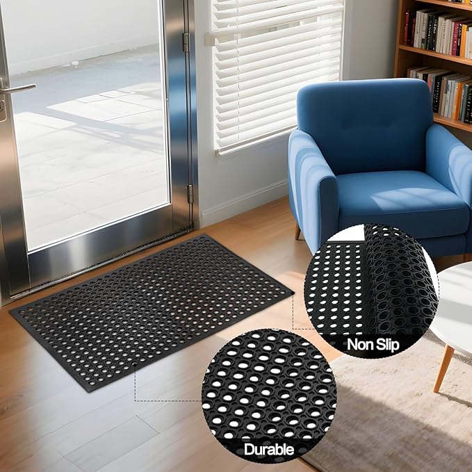 Nexboraque Anti Fatigue Rubber Floor Mats, 24 x 36 Inch Non-Slip Restaurant Mat Door Mat Drainage Mat for Indoor Outdoor Wet Area, Pool Entry, Garden - Black