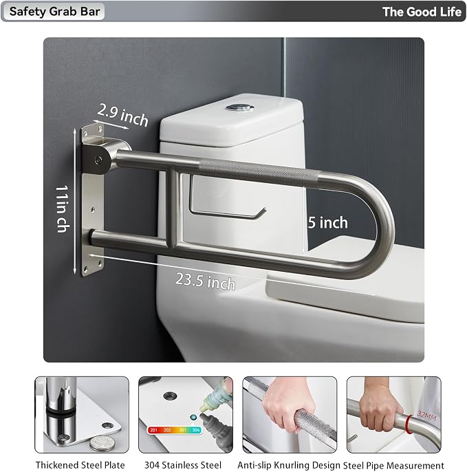 23.5 Inch Toilet Grab Bar, Fold Down Grab Bar with Paper Holder, Knurled Anti-Slip Grab Bars for Toilet, Stainless Steel Handrails Toilet for Seniors Disabled Elderly Pregnant, Brushed Nickel