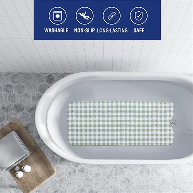 Green Bathtub Mat Non Slip 40x16 Inch Extra Long Bath Mat, Checkered Modern Art Shower Mat, Bath Mat for Tub Anti Slip with Large Drain Holes Suction Cups, Geometric Design Bathroom Mat Green