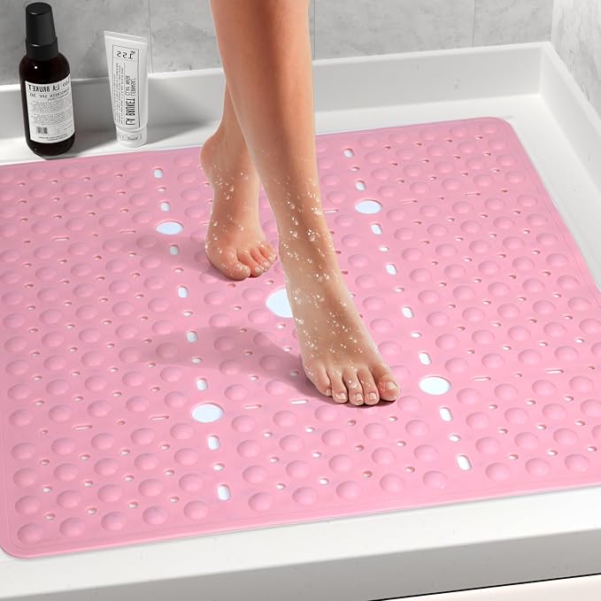 Large Square Shower Mat 27 x 27 Inch Pink, Non Slip Shower Bathtub Mats for Inside Shower with Big Suction Cups Drain Holes, Anti Slip Bathroom Floor Shower Stall Mats, Easy Clean, BPA-Free