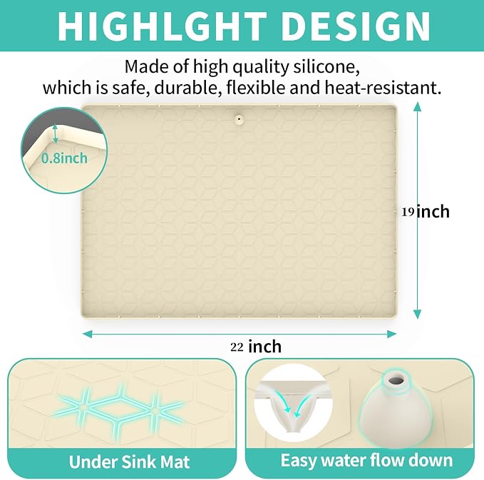 Under Sink Mat, 19"x22" Under Sink Mats for Kitchen, Silicone Waterproof Under Sink Liner, Sink Cabinet Organizer Tray with Drain Hole (Beige, 19X22)
