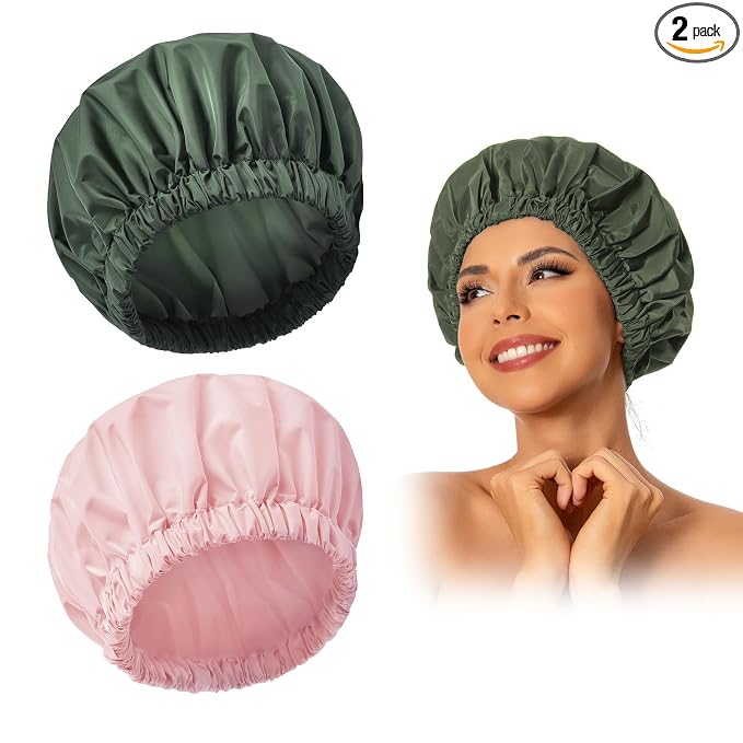 Reusable Shower Cap for Women, Large Waterproof Shower Bonnet with Elastic Band, Washable Bath Hair Cap for Long, Curly Hair, Braids, Daily Shower, Home Spa, Travel(Pink&Green)