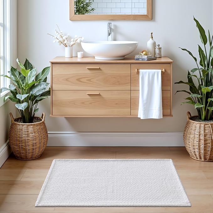 DEXI Bathroom Rugs 43x24, Non Slip Washable Bath Mat, Absorbent Chenille Bathmat, Ultra Soft Thick Carpet for Tub Shower Floor, White