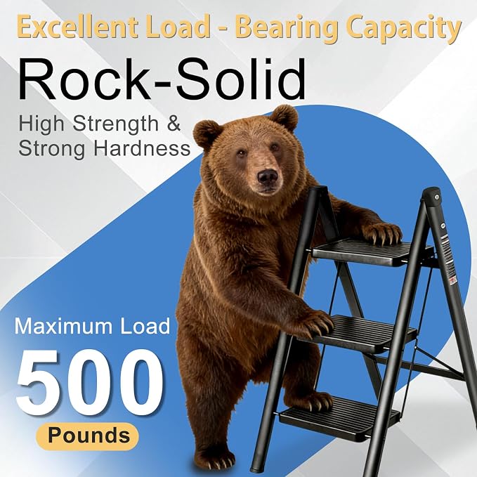 3 Step Ladder Folding Step Stool with 500LBS Capacity Sturdy Carbon Steel Frame Anti-Slip Thick Pedal & Feet Portable for Home Kitchen Garage (black-3step)
