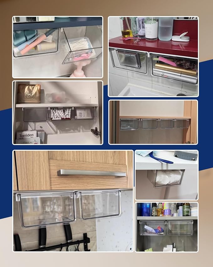 Hanging Cabinet Organizer – 33° Tilted Under Desk Drawer & Bathroom Storage – Self-Adhesive Clear Pull-Out Bins for Kitchen, Office & Vanity (Medium)