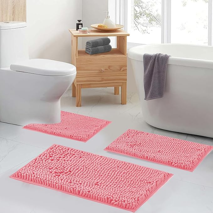 Bathroom Rugs Chenille Bath Mat Set 3-Piece Bath Rugs for Bathoom Extra Soft Bath Mats for Bathoom Non Slip Absorbent Shag Bthroom Carpet, Machine Washable, Toilet Rug Pink