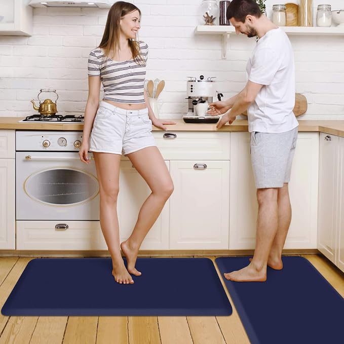 HappyTrends 2 PCS Kitchen Mat Cushioned Anti-Fatigue Floor Mat, Heavy Duty Ergonomic Comfort Foam Standing Mat, Waterproof Non-Slip Kitchen Rugs for Home, Office(17.3"x39"+17.3"x39",Navy)