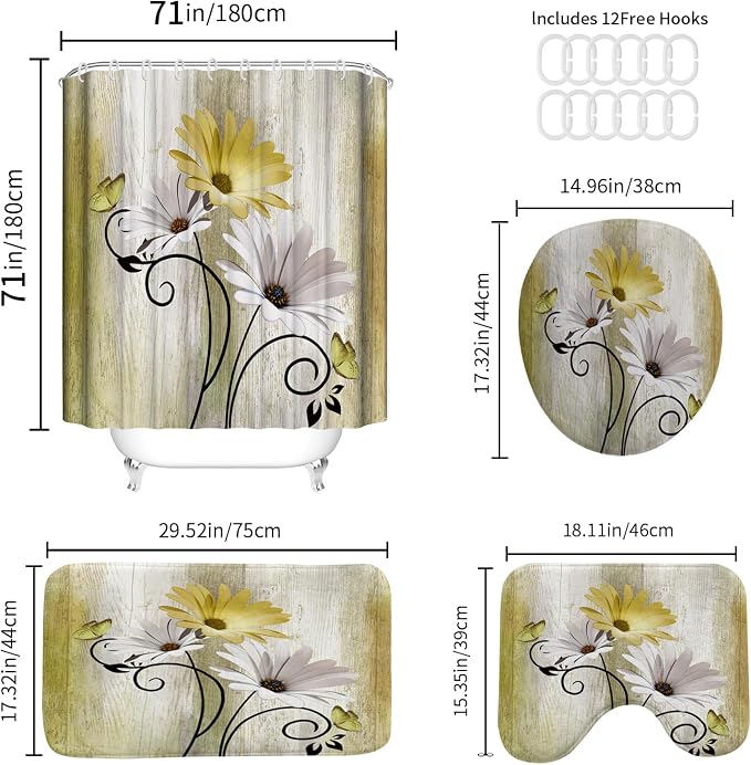 Onalasyc 4PCS Yellow Daisy Flowers Butterfly Shower Curtain Set with Shower Curtain and Carpet and Accessories, Waterproof Bathroom Shower Curtain Decorative Set with 12 pcs Hooks,71 x 71in
