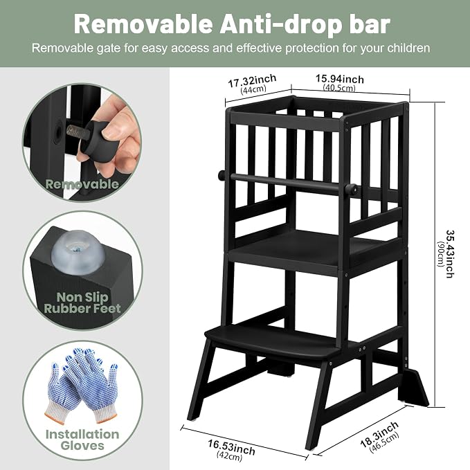 COSYLAND Toddler Standing Tower - Adjustable Height Toddler Kitchen Stool Helper - Kids Kitchen Step Stool for Learning with Removable Safety Railing Black