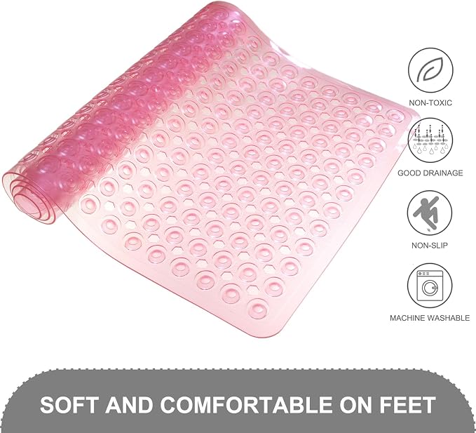 TEESHLY Bath Mat for Tub & Shower, Non Slip Soft Bathmat with Suction Cups & Drain Holes, Machine Washable Bathtub Floor Liner Mats for Bathroom, 35x16 Inch, Clear Pink