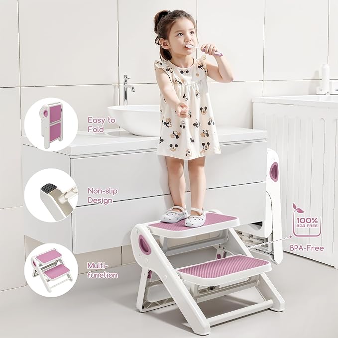 MoreFeel Foldable Toddler Step Stool for Bathroom Sink - 2-Step Kids Stool for Potty Training, Kitchen Counter & Bedroom, Sturdy Non-Slip Child Safety Stool Helper