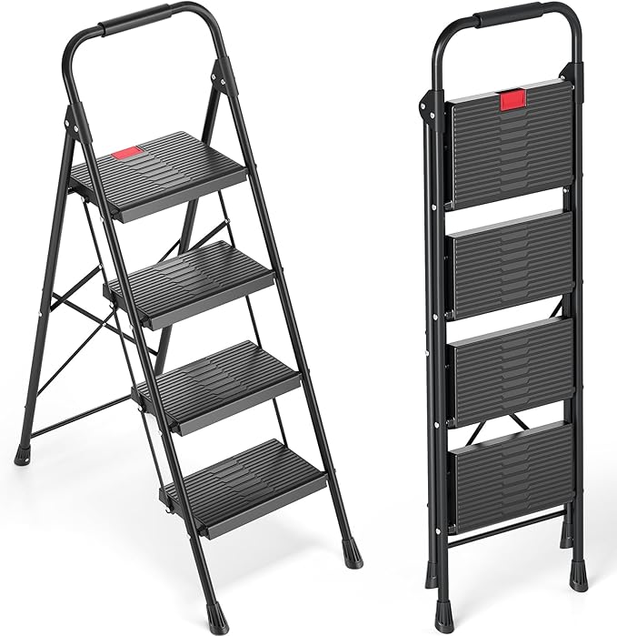 TOOLF 4 Step Ladder Folding Step Stool with Handrail, Heavy Duty Steel Ladder, Anti-Slip Wide Steps, Safe Lock, Portable Ladder for Home Kitchen Garage, Black