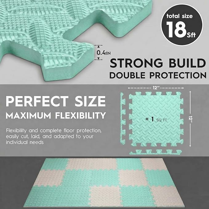 18pcs Puzzle Exercise Mat, 12.6"x12.6"x0.4", 18sqft EVA Interlocking Foam Floor Tiles, Non-Slip, Protective, Water-Resistant Flooring for Home Gym & Workout Equipment